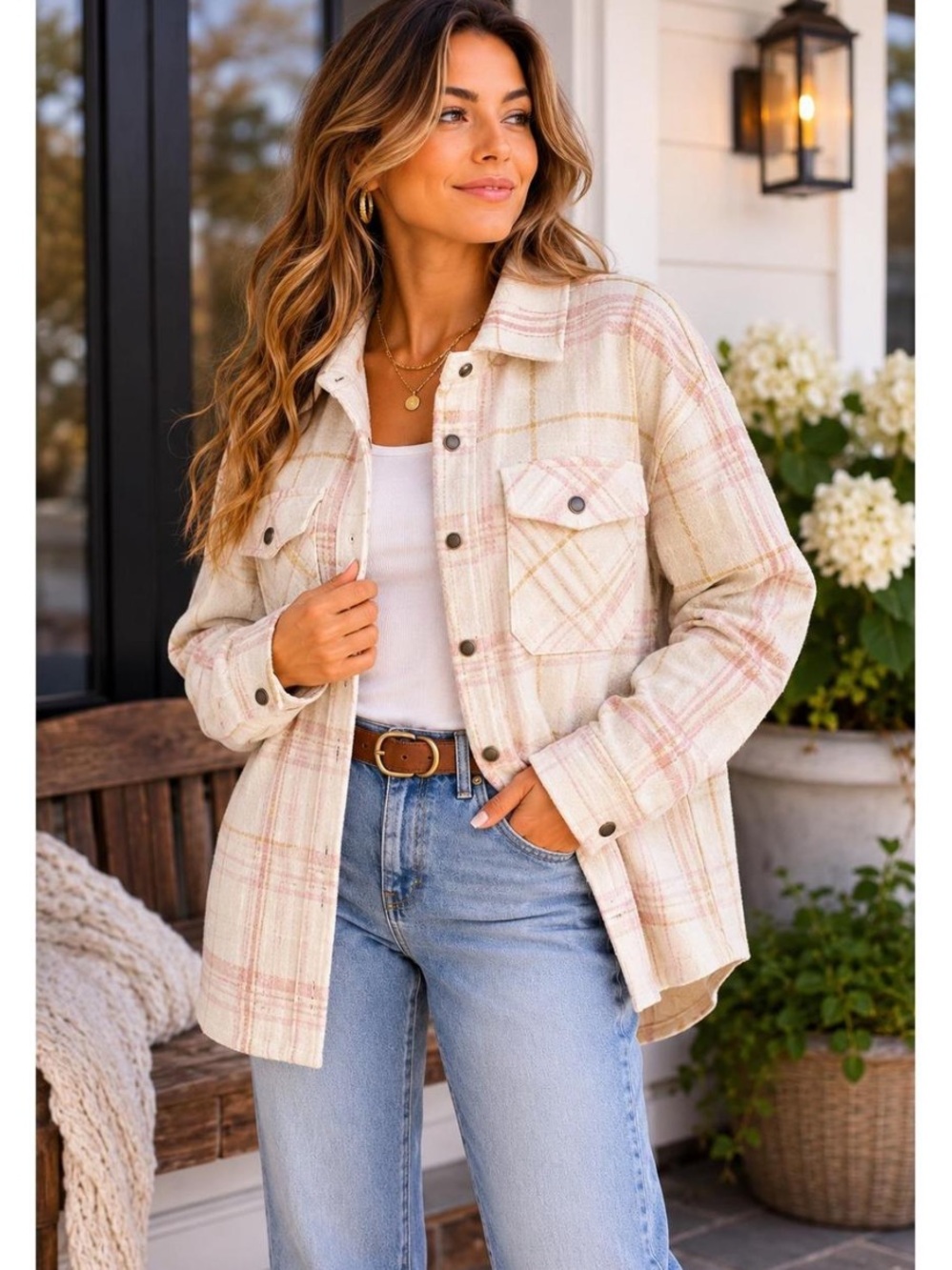 HFX Pink Plaid Oversized Shacket XL – Snap Front Cozy Shirt Jacket